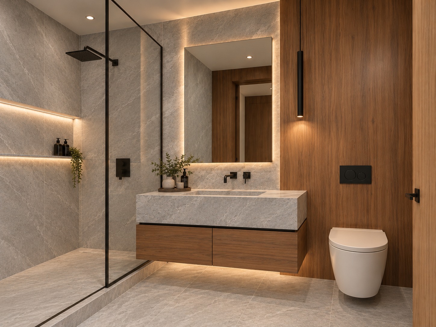 Design visualization of a bathroom with wood-look panels and marble-look surfaces