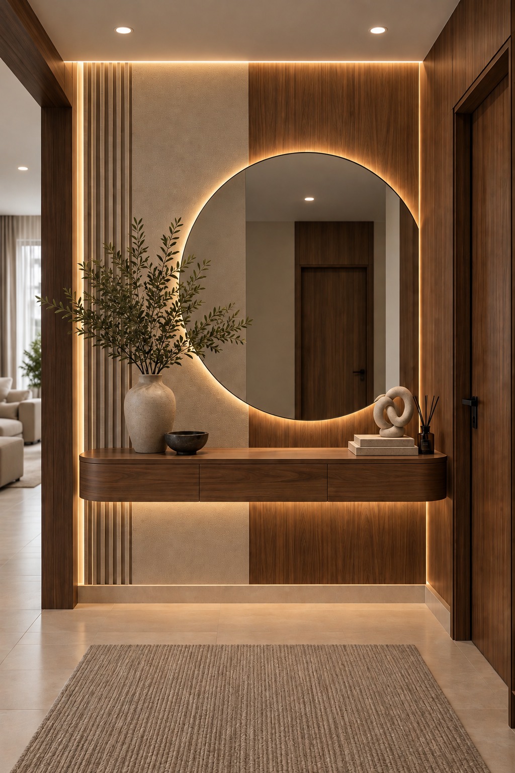 Design visualization of a wood-paneled entryway with a round mirror