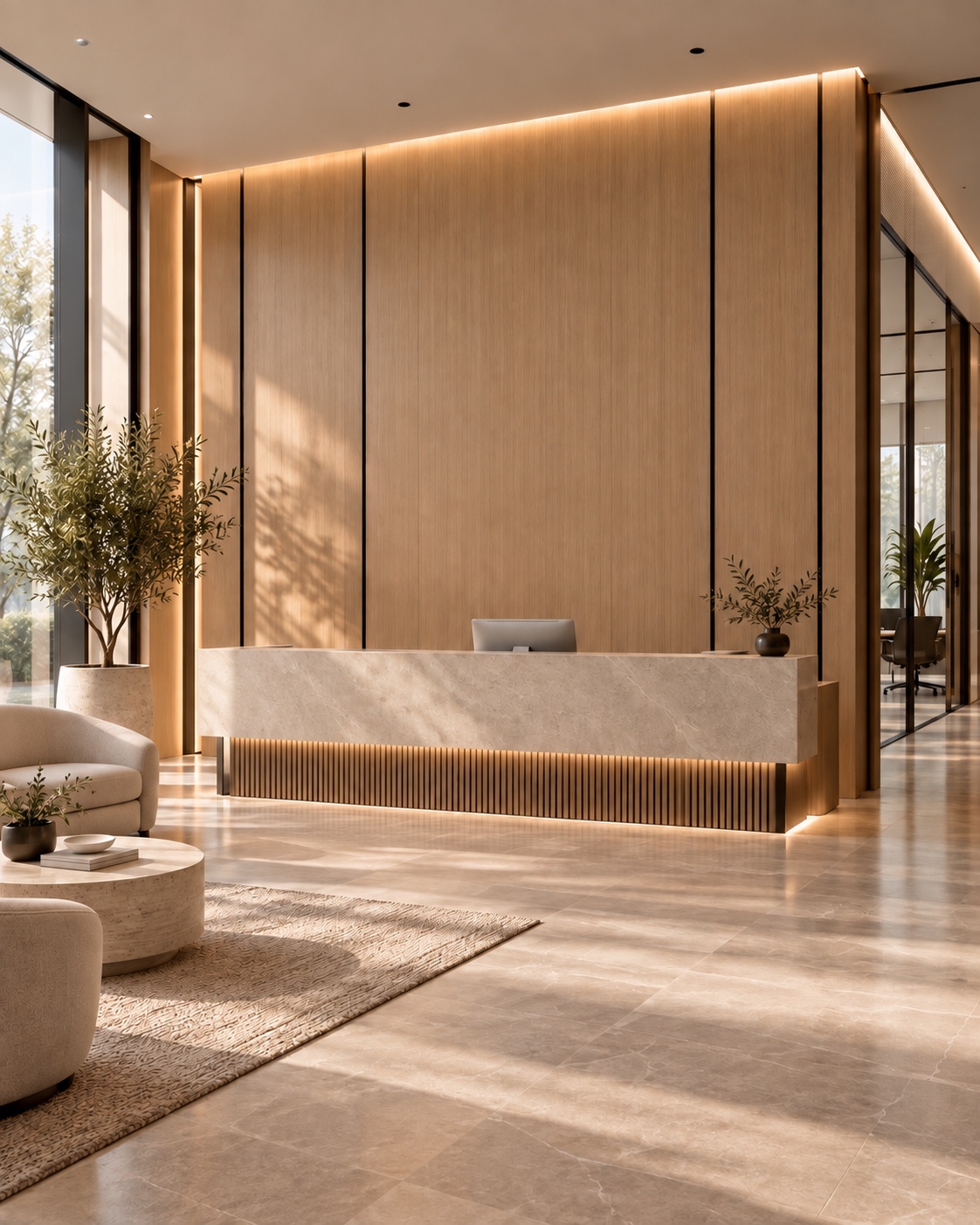 Design visualization of an office reception with warm wood wall panels